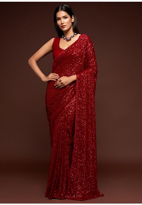 Red Cocktail Wedding Party Saree Fully ...